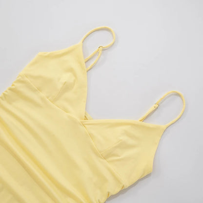 Spaghetti Strap Pleated Mini Dress – Low-Waist V-Neck Summer Skater Dress