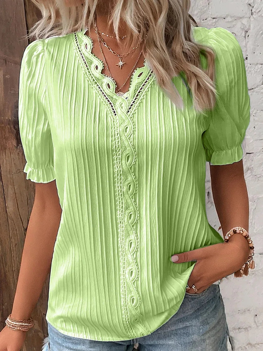 Women’s Lace Trim V-Neck Short Sleeve Blouse – Lightweight Summer Casual Top