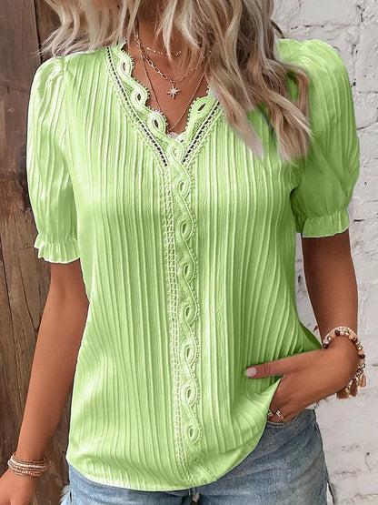 Women’s Lace Trim V-Neck Short Sleeve Blouse – Lightweight Summer Casual Top