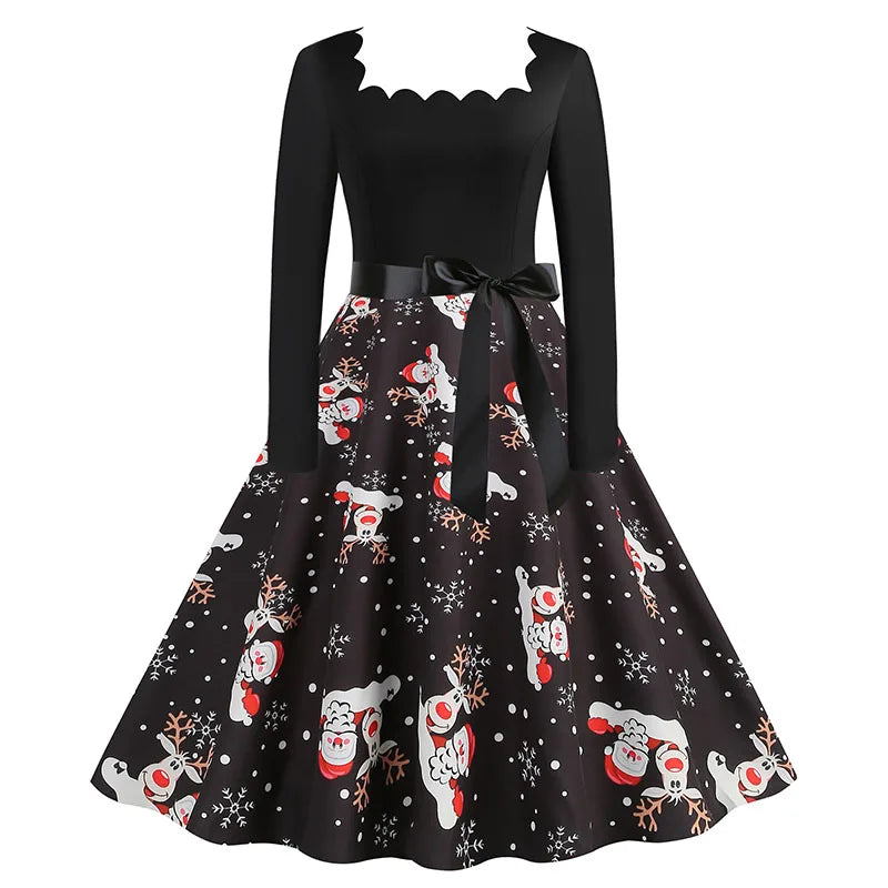 Women’s Vintage Christmas Midi Dress – Square Neck, Long Sleeves, Holiday Print Evening Party Wear