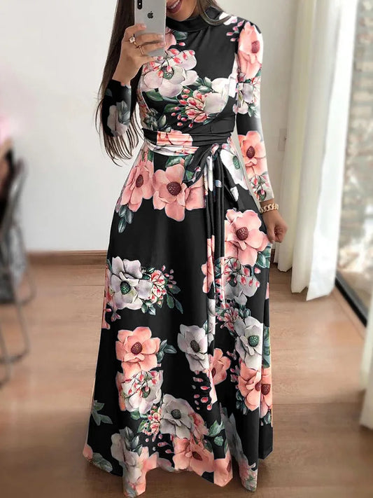 Women's Floral Long Sleeve Maxi Dress – Round Neck, Tie-Waist, Flowing Floor-Length Spring & Summer Dress