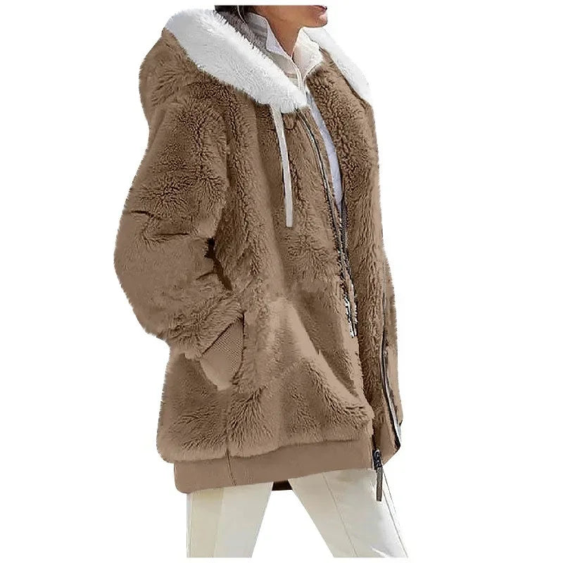 Women’s Cozy Fleece Hooded Winter Coat – Soft Plush Jacket with Warm Sherpa Lining