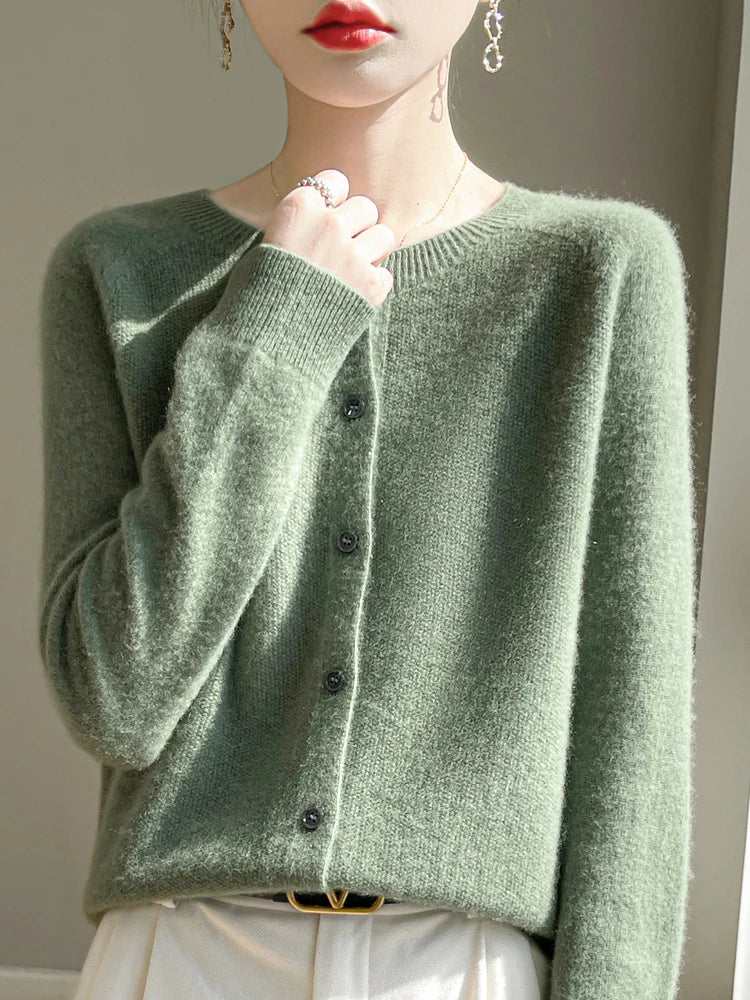 100% Merino Wool Women's Cardigan – Luxury Soft Knit Raglan Sleeve Button-Front Sweater