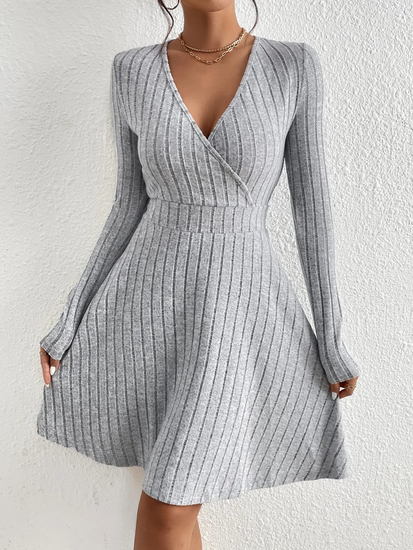 Women’s Knit Sweater Dress – Ribbed V-Neck Long Sleeve Fit & Flare Winter Dress