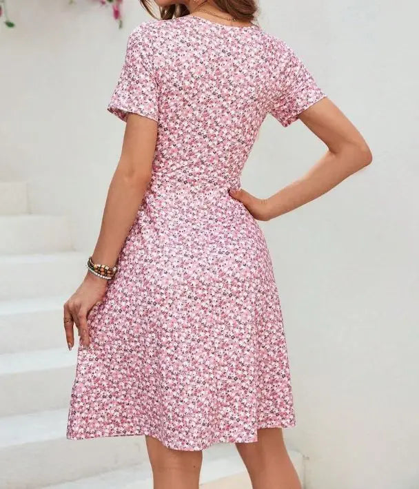 Floral A-Line Summer Dress – Short Sleeve Elegant Fit-and-Flare Midi with Waist Slimming Silhouette