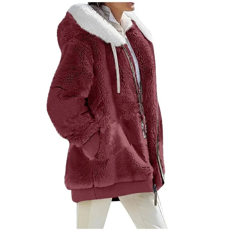 Women’s Cozy Fleece Hooded Winter Coat – Soft Plush Jacket with Warm Sherpa Lining