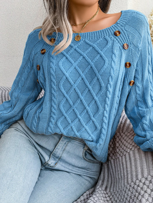 Women’s Square-Neck Button Detail Knit Sweater – Long Sleeve Textured Pullover for Fall & Winter