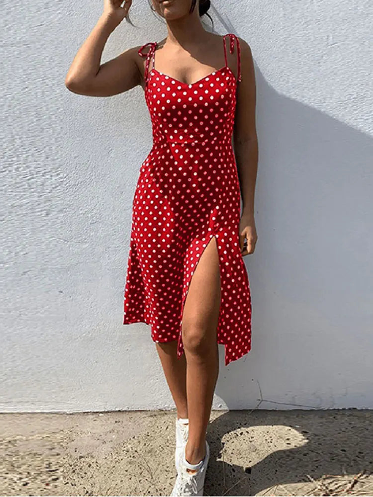 Women’s Polka Dot Summer Sundress – Sleeveless V-Neck Tie Strap Dress with Side Slit & Elastic Waist