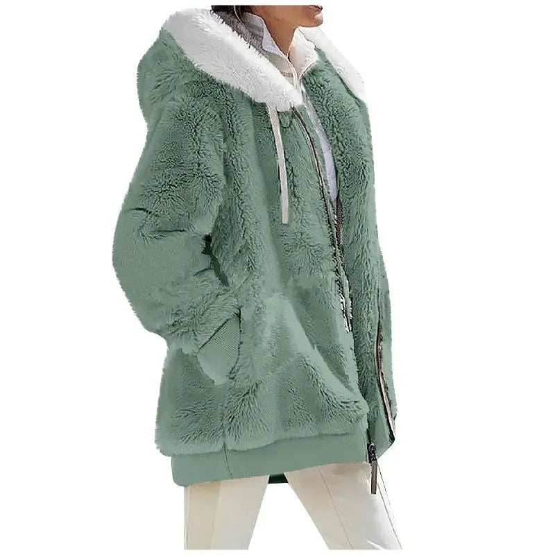 Women’s Cozy Fleece Hooded Winter Coat – Soft Plush Jacket with Warm Sherpa Lining