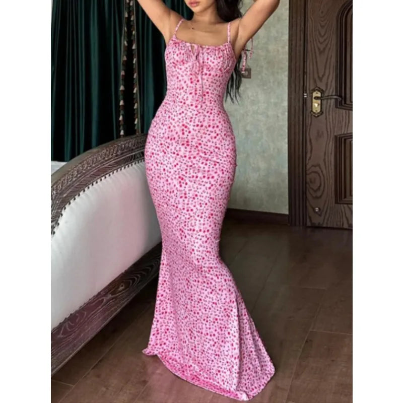 Plus Size Floral Suspender Maxi Dress – Stretchy Bodycon Summer Evening Gown with Cross-Belt Detail (1XL–5XL)