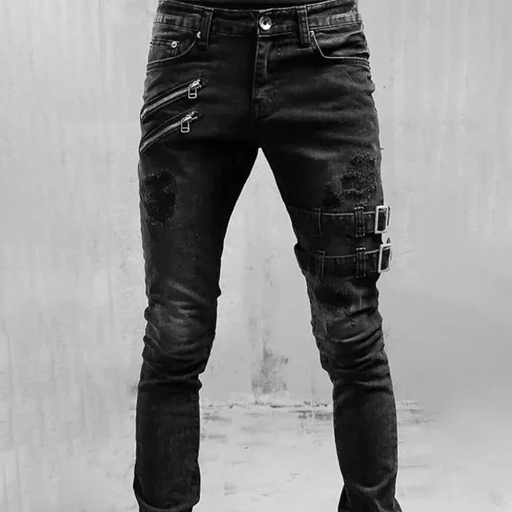Men’s Moto Biker Cargo Jeans – Retro Streetwear Slim Fit Distressed Denim Pants
