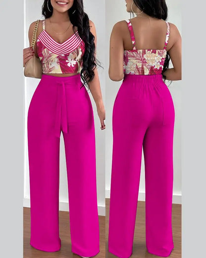 2-Piece V-Neck Crop Top & High Waist Wide-Leg Pants Set – Sexy Summer Outfit for Women
