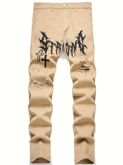 Men’s Street Paint Printed Distressed Jeans – Slim Fit Graffiti Denim Pants