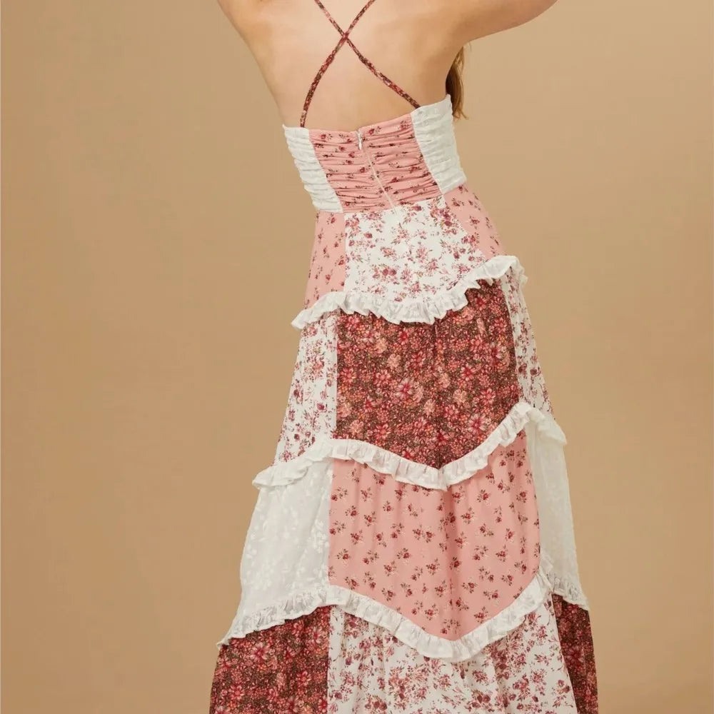 Women’s Floral Patchwork Spaghetti Strap Dress – Vintage V-Neck High-Waist Maxi Sundress