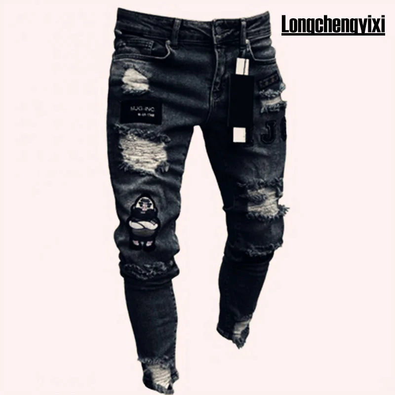 Men’s Stretch Denim Ripped Jeans – Slim Fit Distressed Casual Streetwear