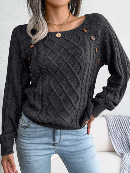 Women’s Square-Neck Button Detail Knit Sweater – Long Sleeve Textured Pullover for Fall & Winter