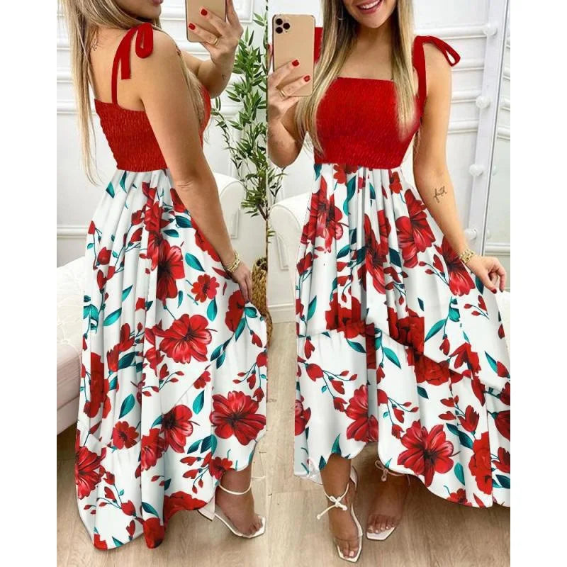 Women’s Floral Tie-Strap Maxi Dress – Sleeveless Smocked Bodice & Summer Dress