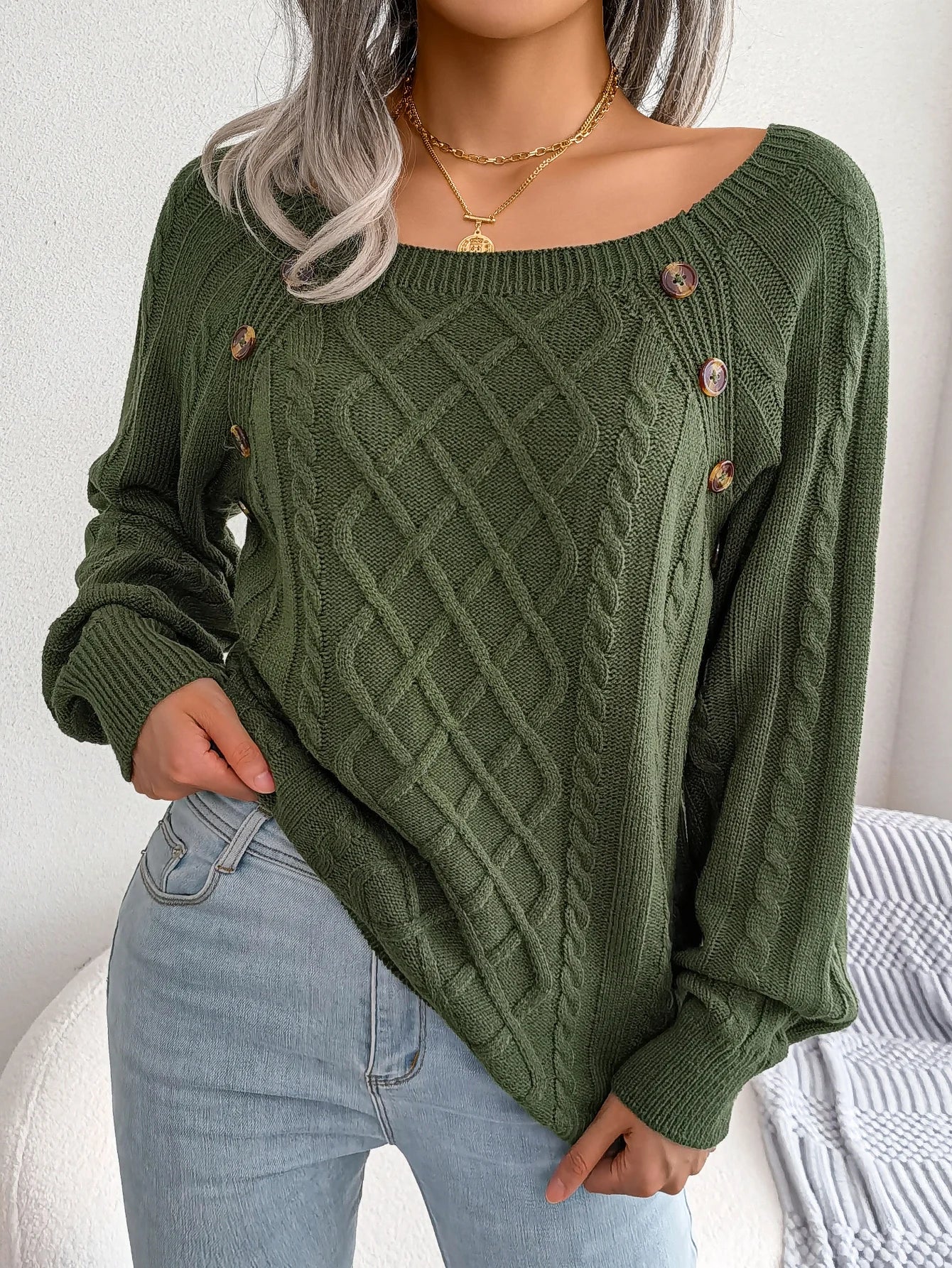 Women’s Square-Neck Button Detail Knit Sweater – Long Sleeve Textured Pullover for Fall & Winter