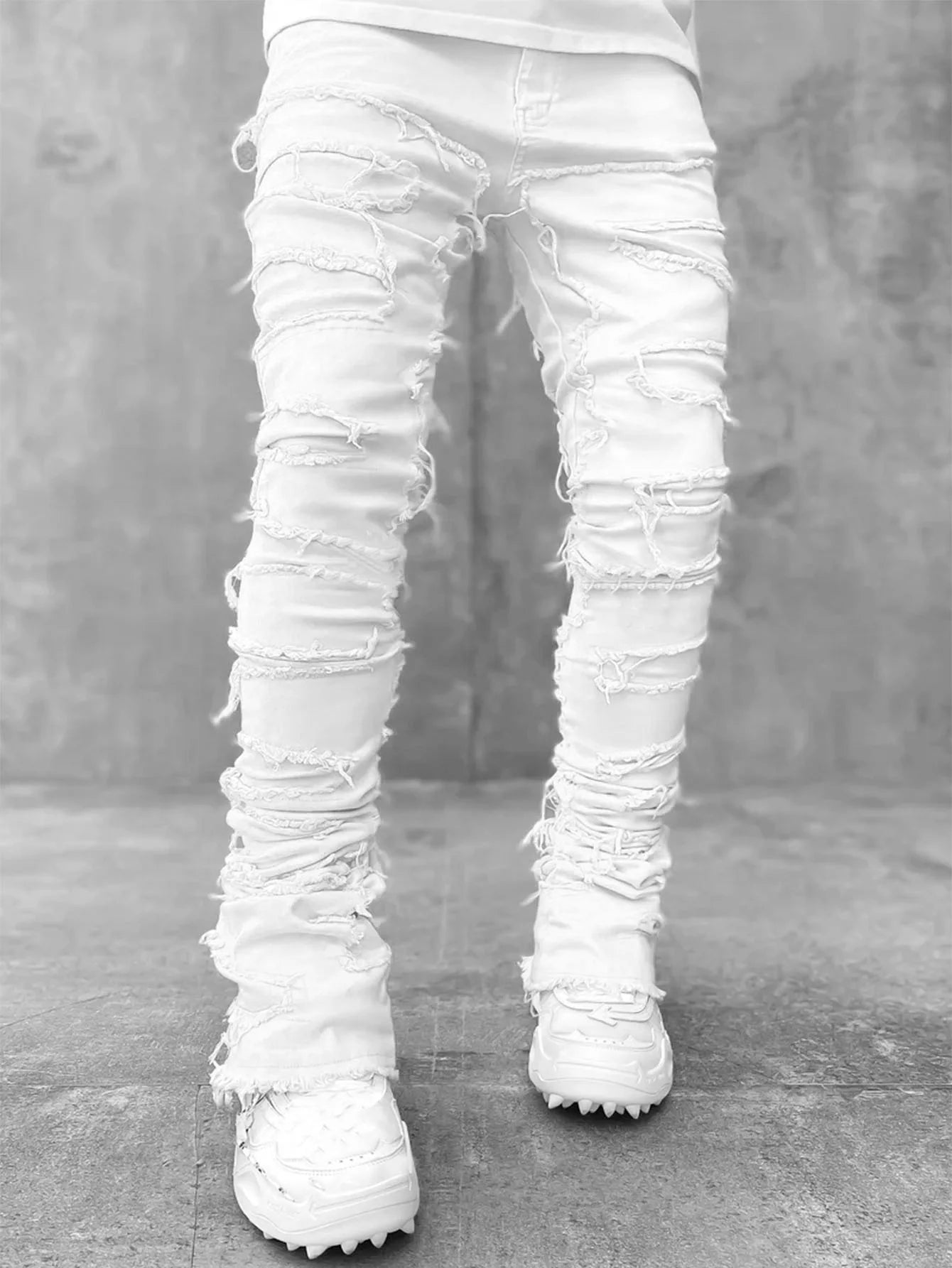 Men’s Stacked Distressed Ripped Jeans – Slim Fit Patchwork Destroyed Denim Streetwear