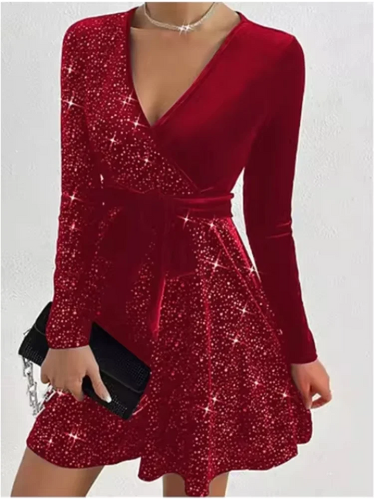 Women’s Sparkling A-Line Mini Party Dress – Long Sleeve V-Neck Glitter Wrap Cocktail Dress