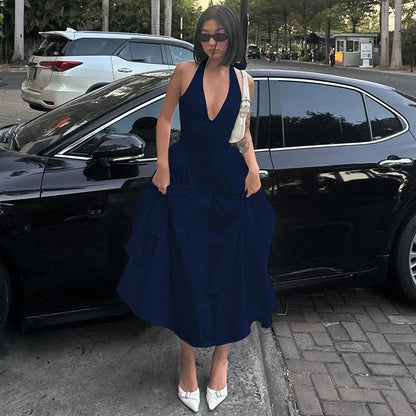 Backless Halter V-Neck Maxi Dress – Elegant Flirty Evening Party Dress for Summer