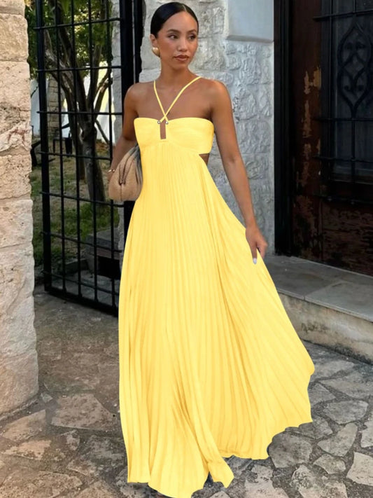 Elegant Pleated Backless Maxi Dress – Women’s Summer Vacation Strapless Camisole Beach Dress