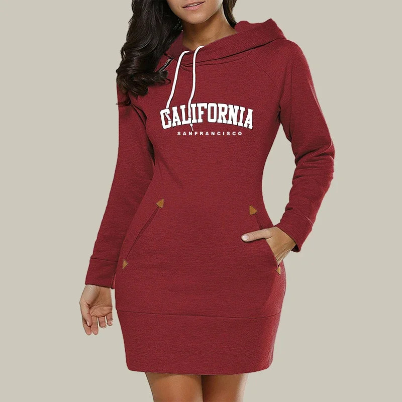 Women’s California Hoodie Dress – Long Sleeve Warm Sweatshirt Dress with Hood & Pockets