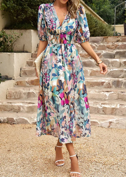 Summer V-Neck Floral Print Maxi Dress -  Lantern Sleeve