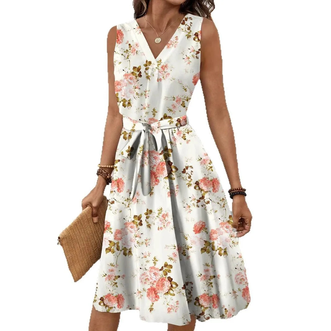 Women’s Floral V-Neck A-Line Dress – Sleeveless Lace-Up Waist Knee-Length Sundress
