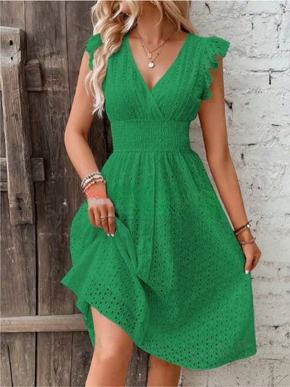 Women’s Lace Trim V-Neck Summer Dress – Flare Sleeve Hollow Detail A-Line Beach & Casual Holiday Dress