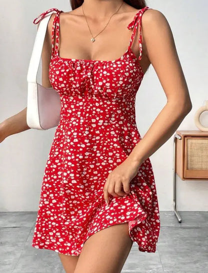 Flirty Red Floral Spaghetti Strap Mini Dress – Tie-Shoulder A-Line Fit, Sexy Summer Casual Sundress