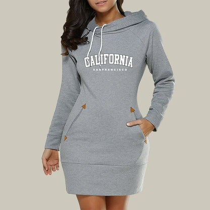 Women’s California Hoodie Dress – Long Sleeve Warm Sweatshirt Dress with Hood & Pockets