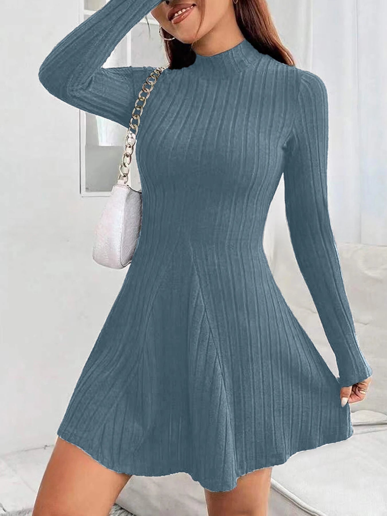 Ribbed High-Neck Long Sleeve Fit & Flare Dress – Waist-Cinched Stretch Knit Mini