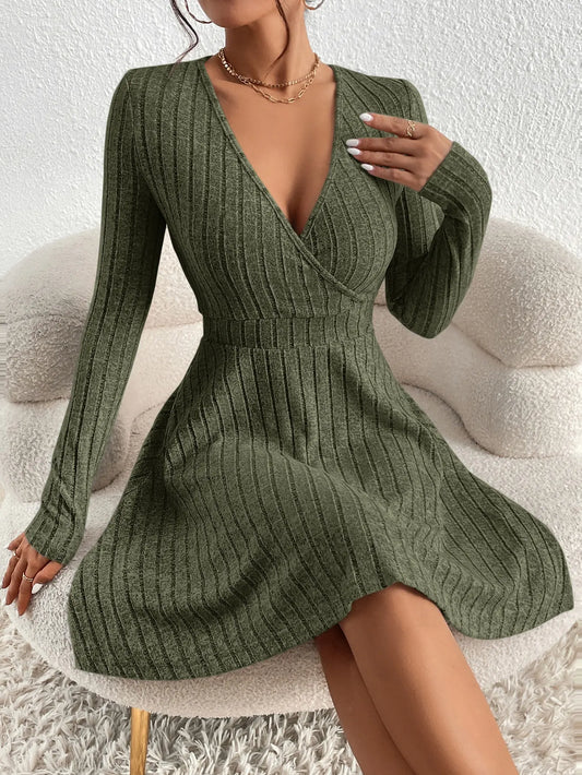 Women’s Knit Sweater Dress – Ribbed V-Neck Long Sleeve Fit & Flare Winter Dress