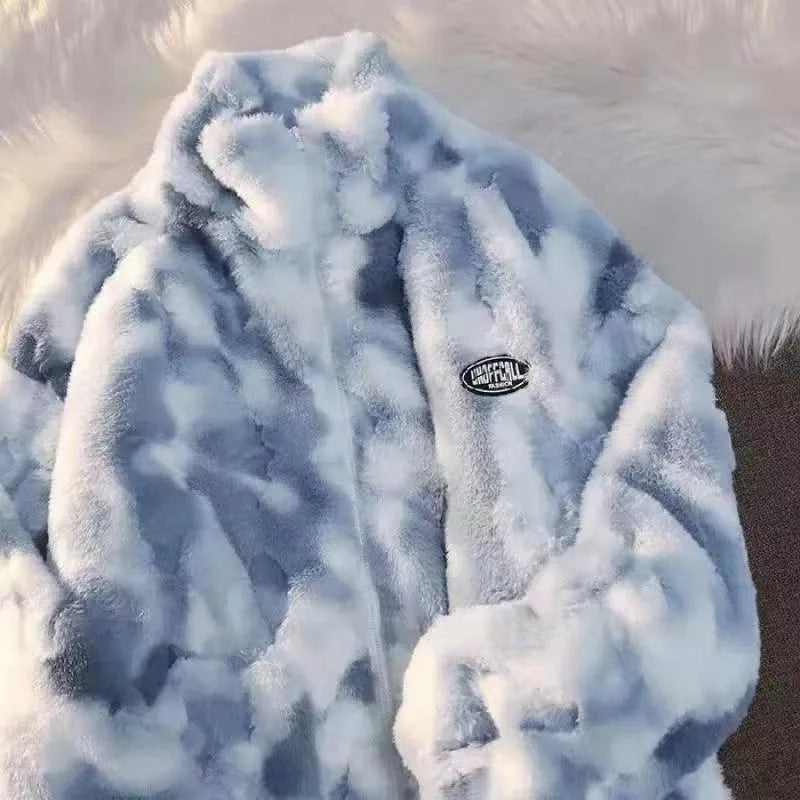 Women’s Tie-Dye Plush Fleece Jacket – Warm Winter Zip Up Faux Lamb Fur Coat with Long Sleeves