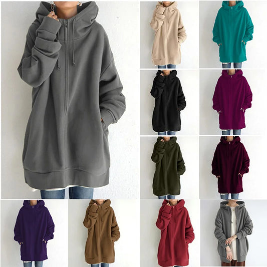 Oversized Hooded Longline Coat – Fleece-Lined Zip Up Tie-Collar Sweatshirt for Women (S–5XL)