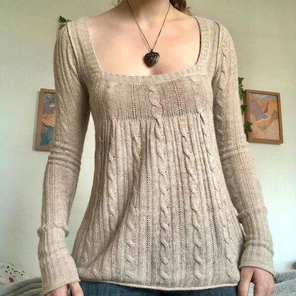 Vintage Babydoll Knit Sweater Top – Long Sleeve Cottagecore Milkmaid Pullover | Soft Knit Aesthetic Sweater