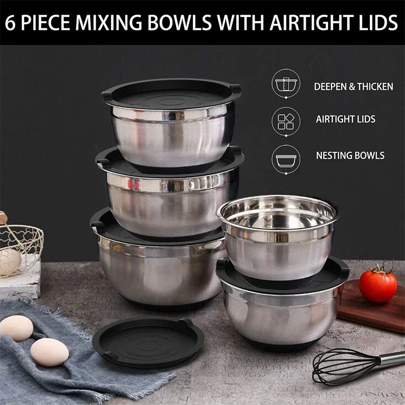 Premium Stainless Steel Mixing Bowls Set with Lids & Silicone Base – Nesting Bowls
