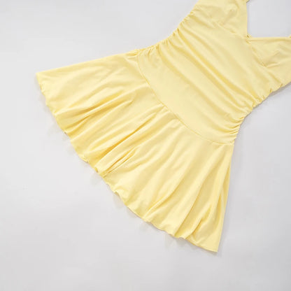 Spaghetti Strap Pleated Mini Dress – Low-Waist V-Neck Summer Skater Dress