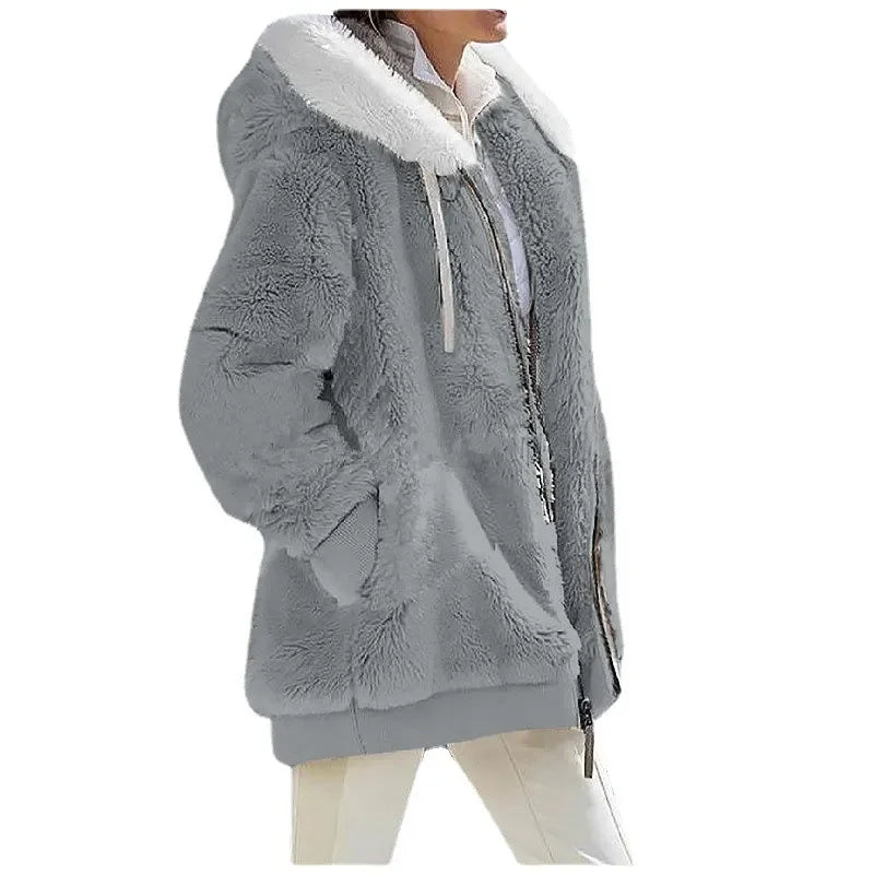 Women’s Cozy Fleece Hooded Winter Coat – Soft Plush Jacket with Warm Sherpa Lining