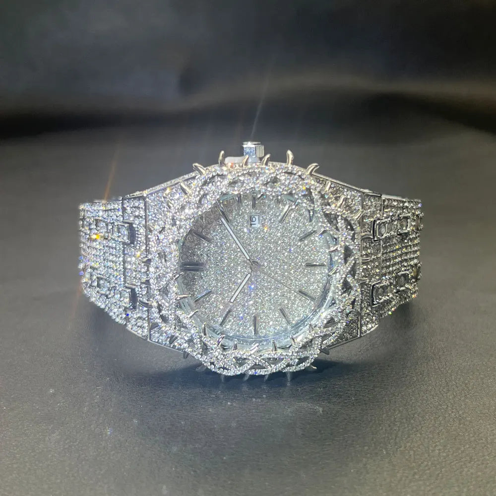 Iced Out Luxury Watch – Heavy Diamond-Look Quartz Wristwatch with Thorn Crown Design