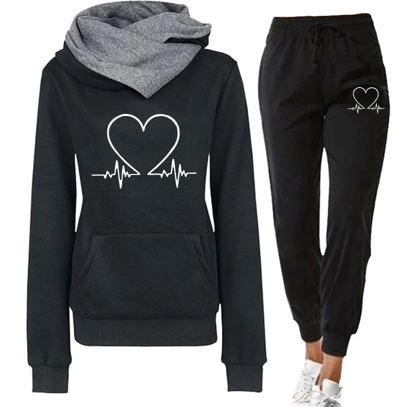 Women’s Cozy Hoodie & Jogger Set – Heartbeat Print Pullover Sweatshirt and Pants Two-Piece Set