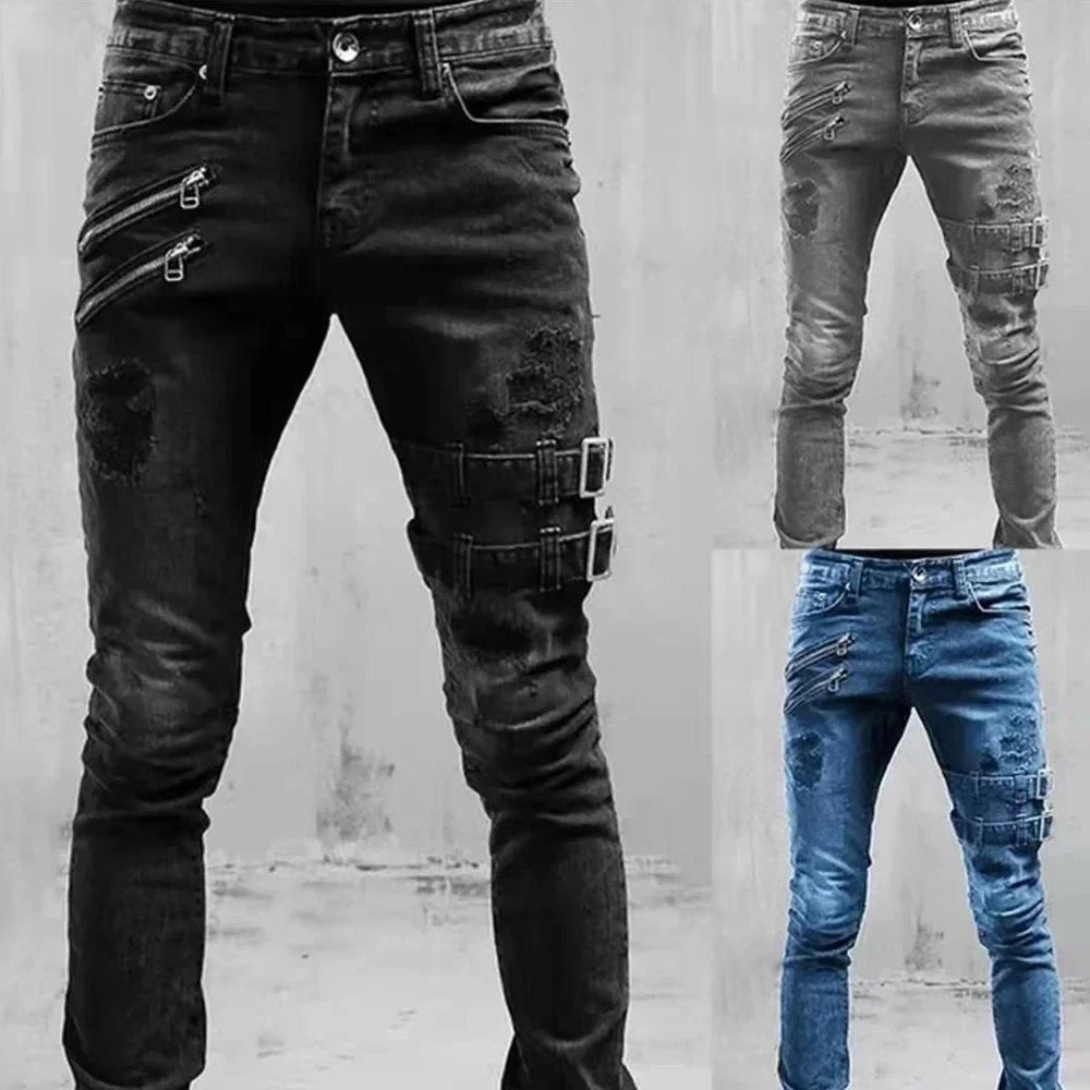 Men’s Moto Biker Cargo Jeans – Retro Streetwear Slim Fit Distressed Denim Pants