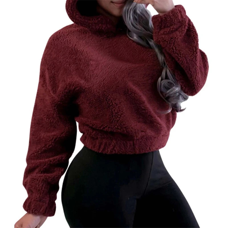 Women’s Fuzzy Bear-Ear Hoodie – Soft Plush Long Sleeve Warm Winter Pullover with Hood