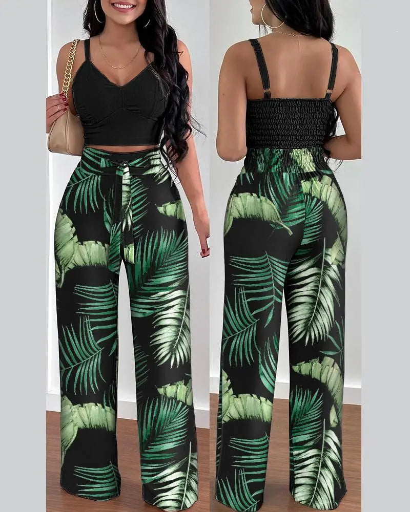 2-Piece V-Neck Crop Top & High Waist Wide-Leg Pants Set – Sexy Summer Outfit for Women