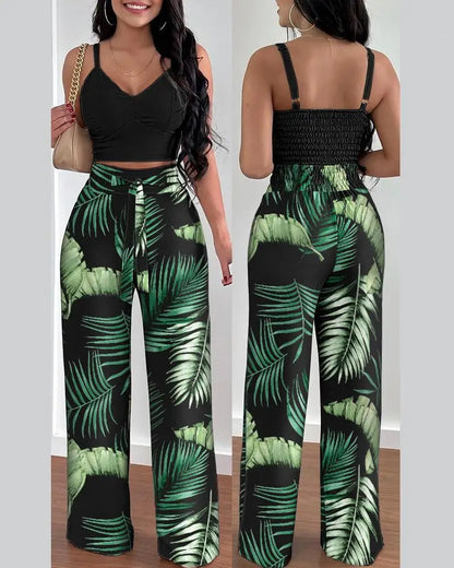 2-Piece V-Neck Crop Top & High Waist Wide-Leg Pants Set – Sexy Summer Outfit for Women
