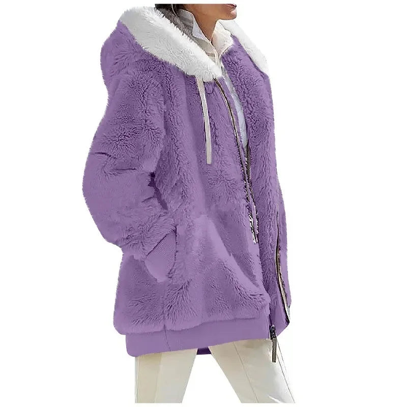 Women’s Cozy Fleece Hooded Winter Coat – Soft Plush Jacket with Warm Sherpa Lining