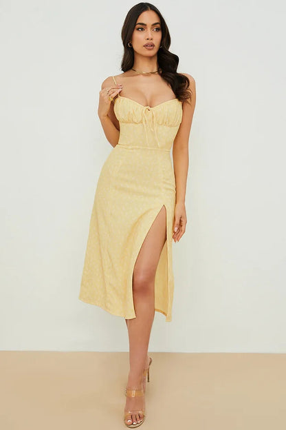 Floral Spaghetti Strap Bodycon Maxi Dress – Elegant Side-Slit Summer Vacation Dress