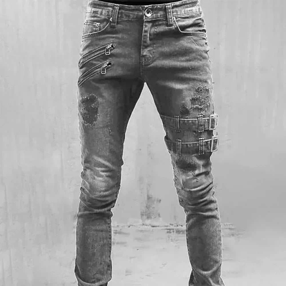 Men’s Moto Biker Cargo Jeans – Retro Streetwear Slim Fit Distressed Denim Pants