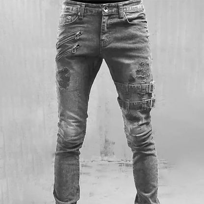 Men’s Moto Biker Cargo Jeans – Retro Streetwear Slim Fit Distressed Denim Pants
